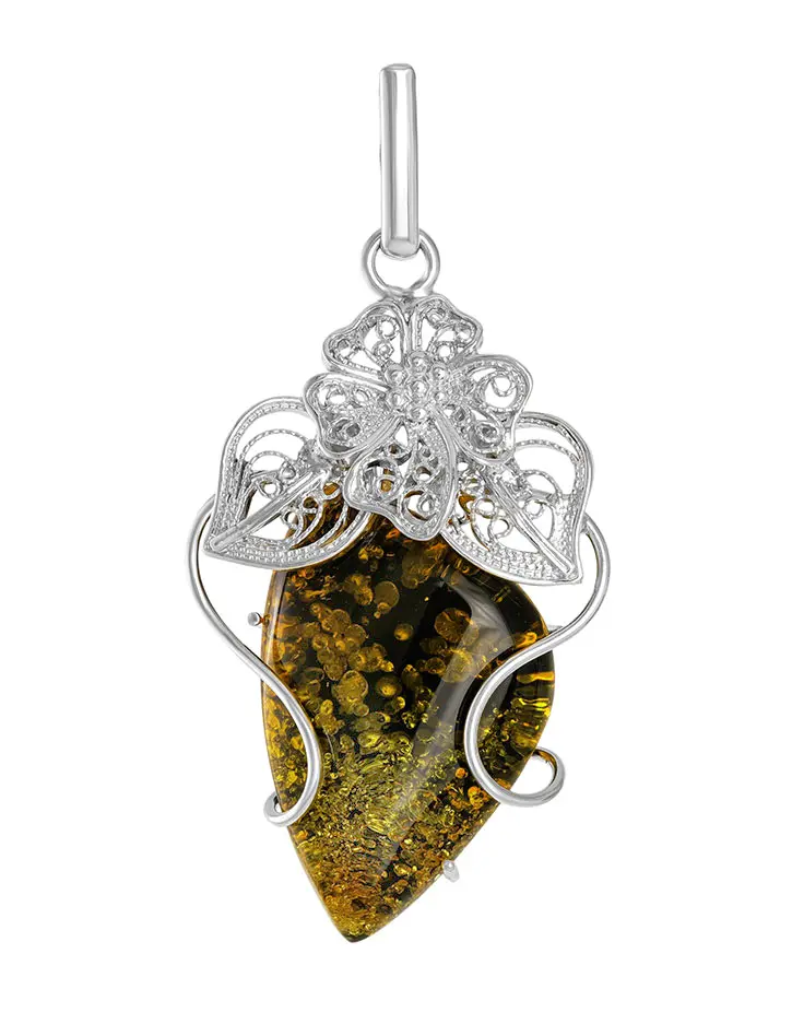 картинка Красивая подвеска из серебра и натурального балтийского янтаря зелёного цвета «Филигрань» в онлайн магазине