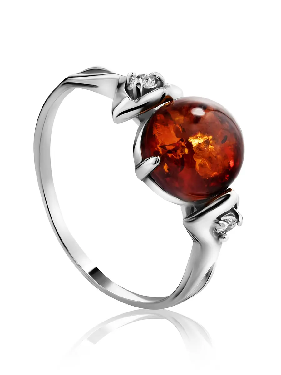 картинка Лёгкое кольцо «Самбия» из серебра с янтарём и цирконами в онлайн магазине