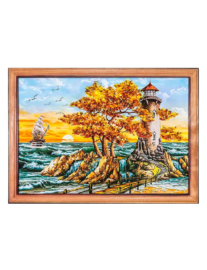 картинка Декоративное панно «Морской пейзаж с маяком», украшенное натуральным янтарём 23 см (В) х 33 см (Ш) в онлайн магазине