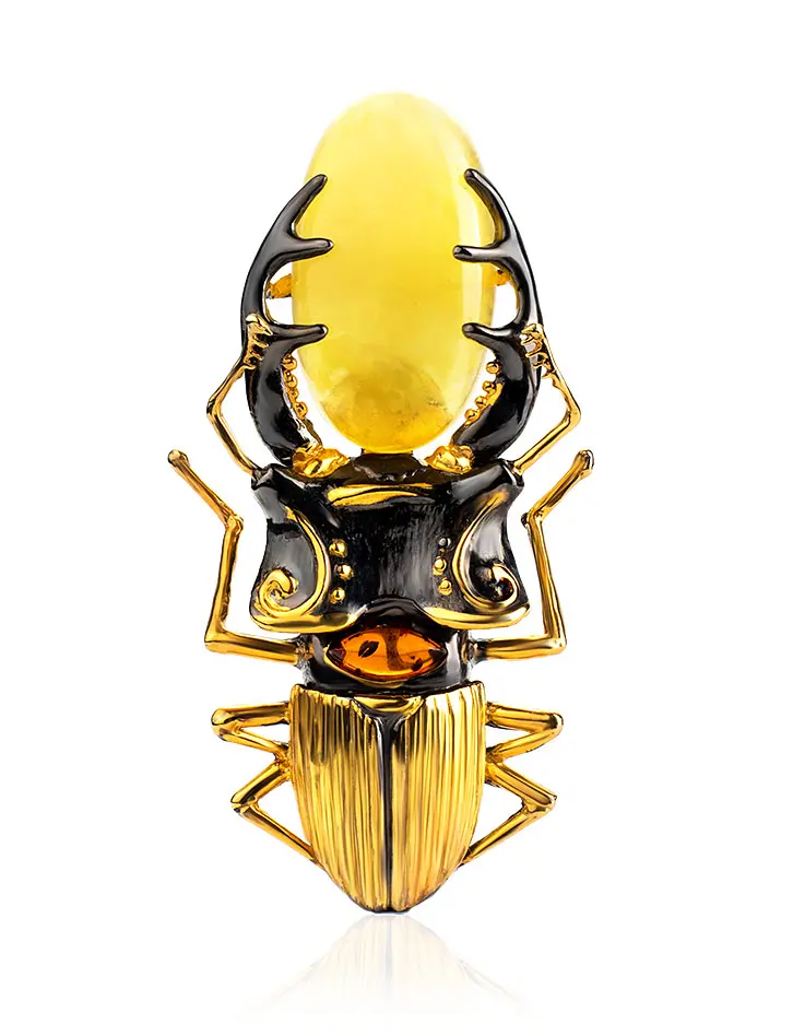 картинка Удивительная объёмная брошь из натурального янтаря и позолоченного серебра «Жук-олень» в онлайн магазине