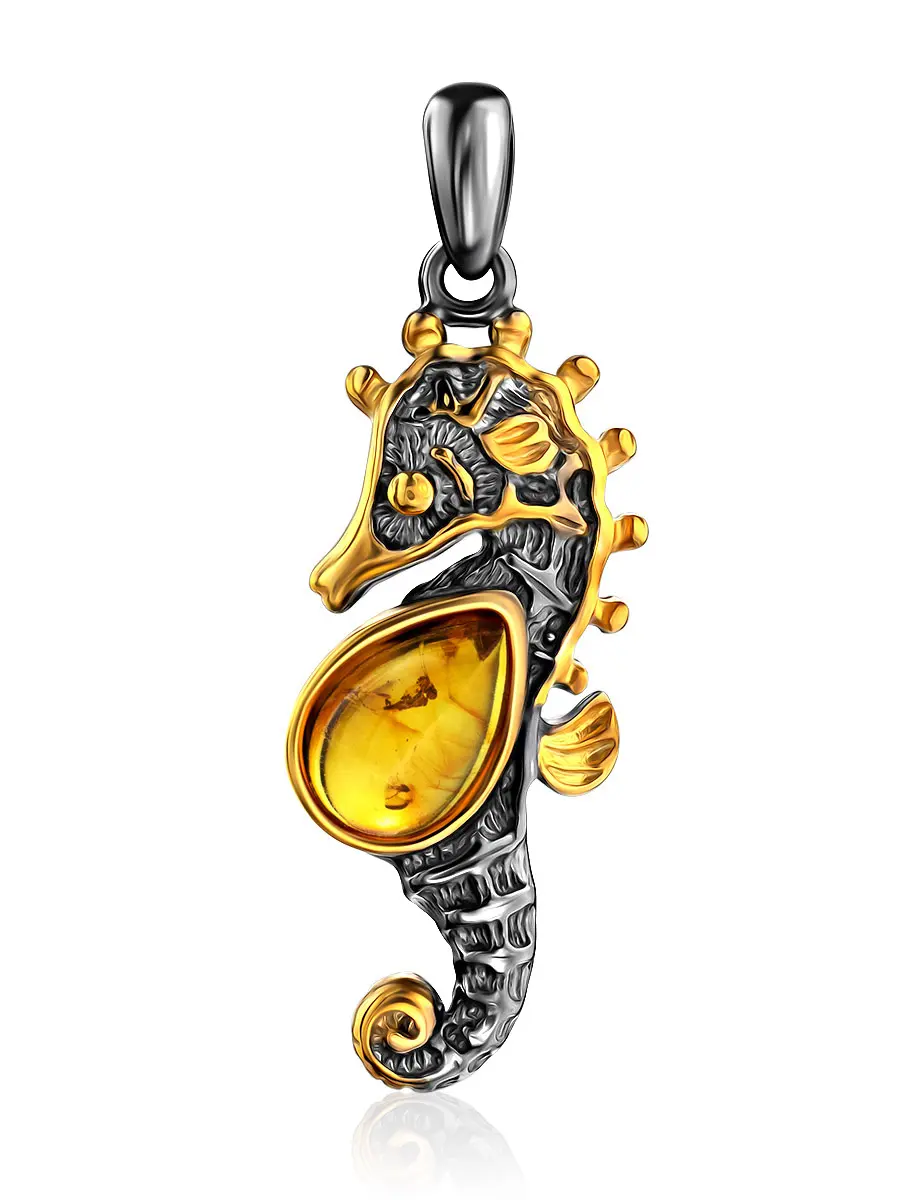 картинка Изящный кулон «Морской конёк» с натуральным янтарём в онлайн магазине