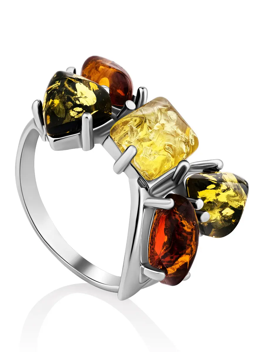 картинка Кольцо из натурального янтаря трёх цветов в серебре «Бантик» в онлайн магазине
