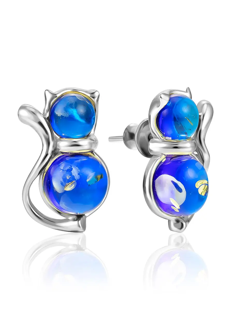 картинка Очаровательные серьги-гвоздики «Кошечка» с ярко-синим янтарём в онлайн магазине