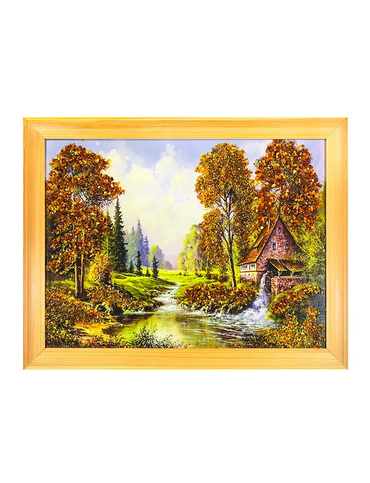 картинка Горизонтальное панно, украшенное натуральным янтарём «Лиловый рассвет» в онлайн магазине