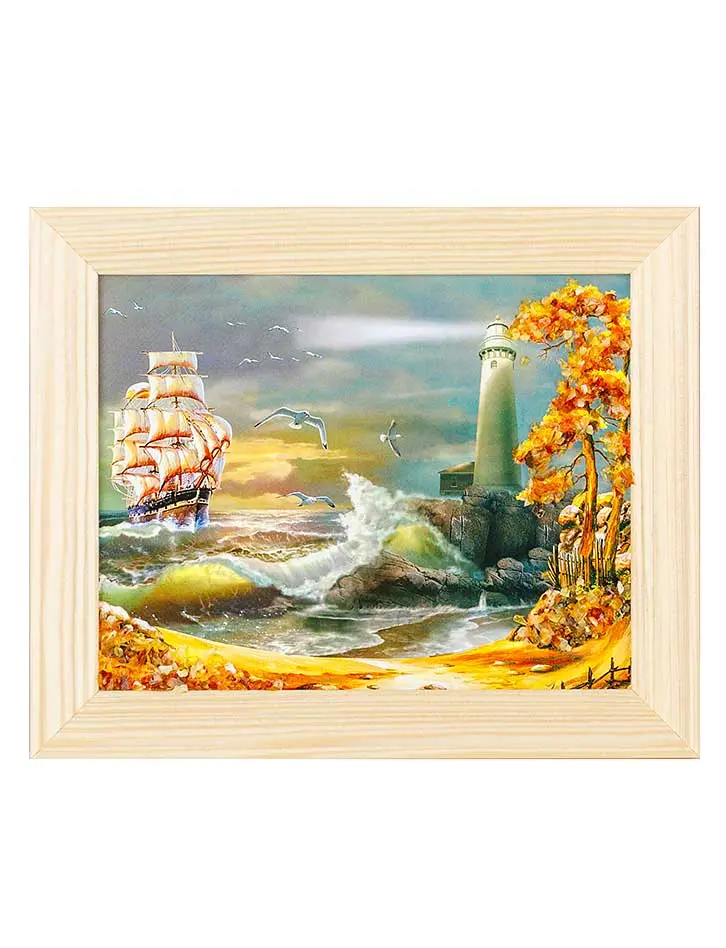картинка «Величие стихии». Небольшая горизонтальная картина, украшенная янтарем 17 см (Ш) х 15 см (В) в онлайн магазине
