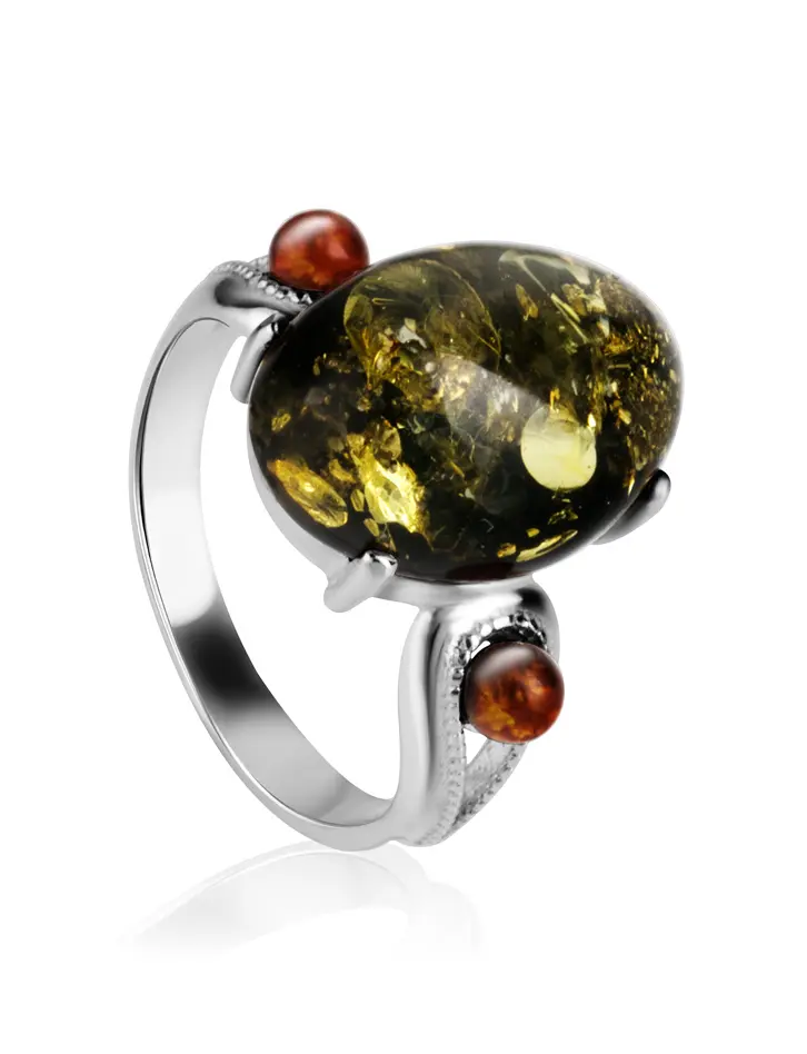 картинка Серебряное кольцо с натуральным зеленым искрящимся янтарем «Стамбул» в онлайн магазине