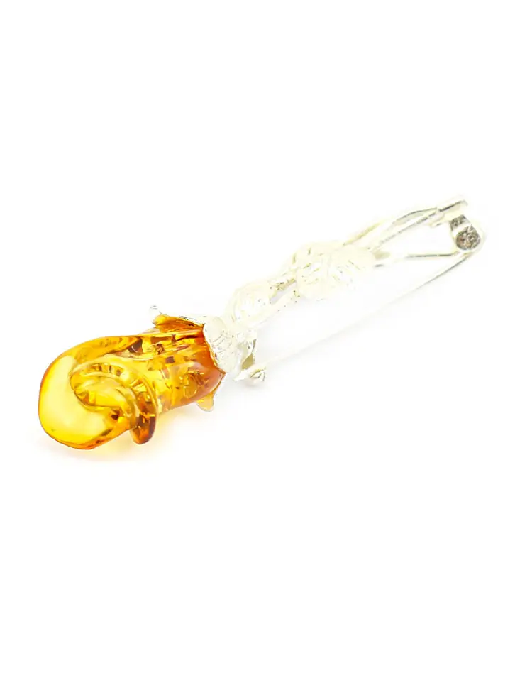 картинка Изящная удлиненная брошь с натуральным прозрачным янтарем красивого коньячного цвета «Роза» в онлайн магазине