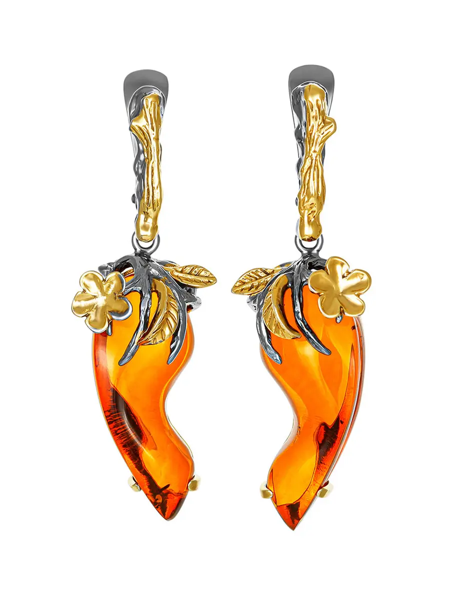 картинка Изысканные серьги «Колибри» с натуральным коньячным янтарём в онлайн магазине