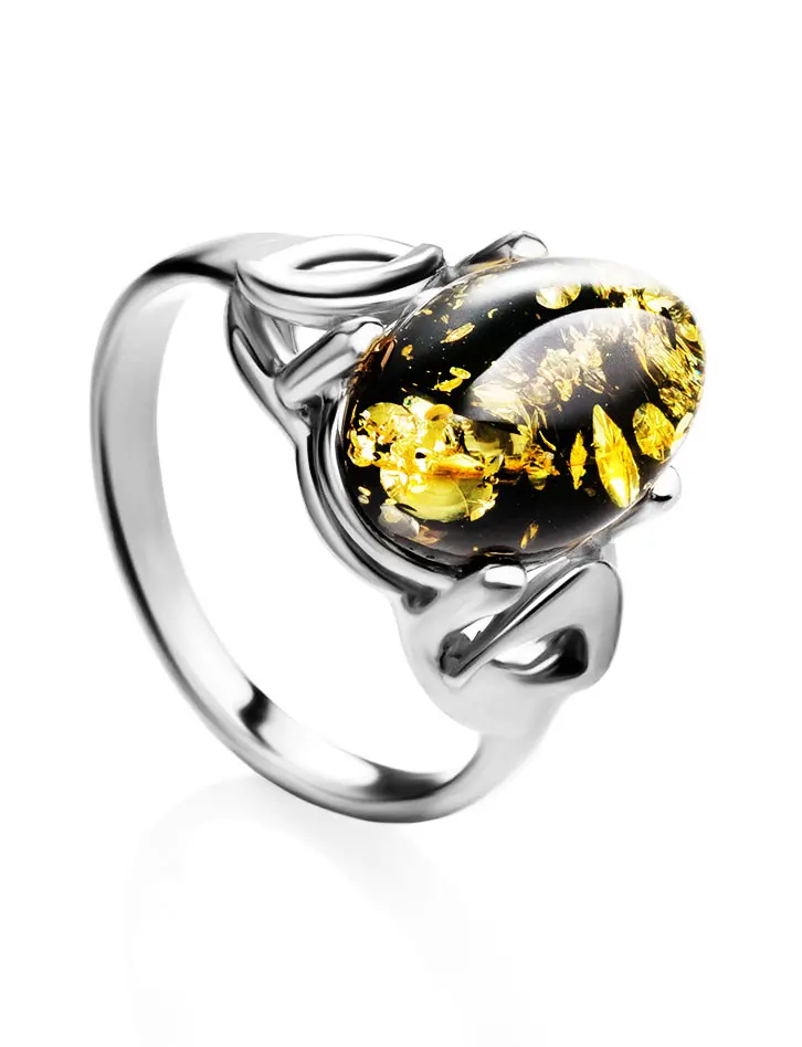 картинка Серебряное кольцо с натуральным искрящимся зеленым янтарем «Пруссия» в онлайн магазине
