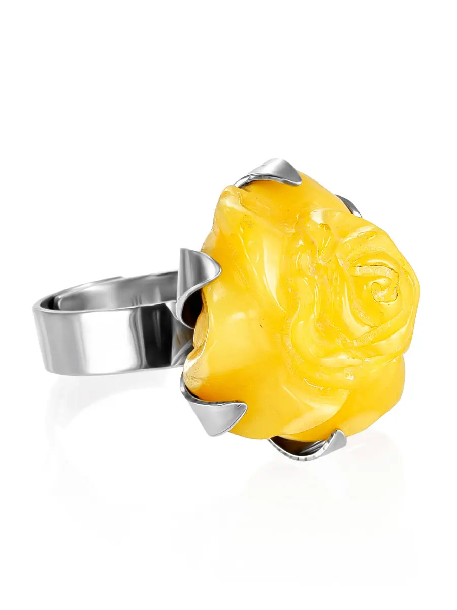 картинка Роскошное кольцо с изящной резной вставкой янтаря «Роза медовая» в онлайн магазине