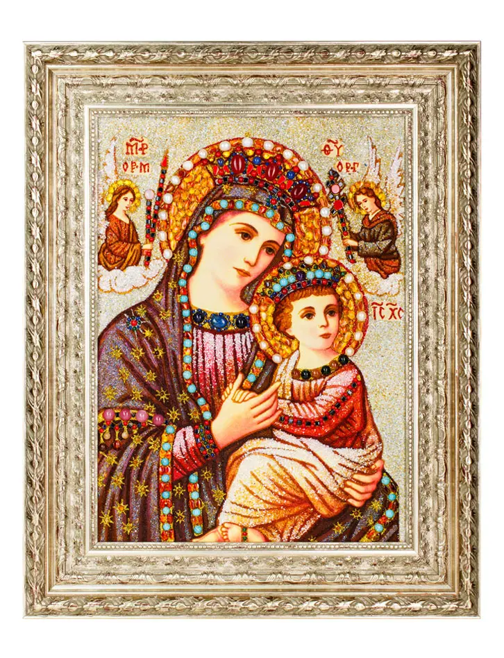 картинка Страстная икона Божией Матери из янтаря с жемчугом и поделочными камнями в онлайн магазине