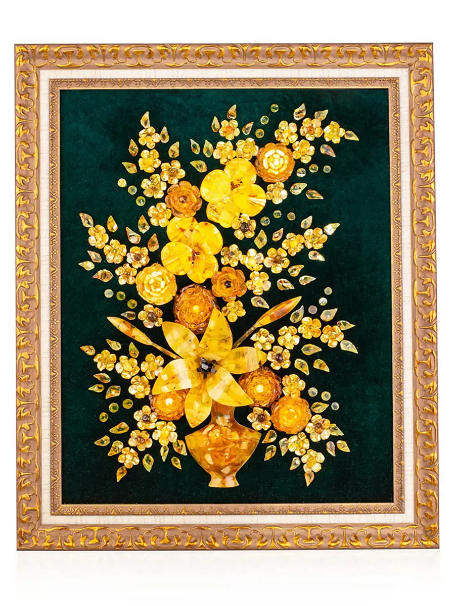 картинка Роскошная картина из натурального янтаря на зелёном бархате «Букет с лилиями и орхидеями» 49 см х 59 см в онлайн магазине