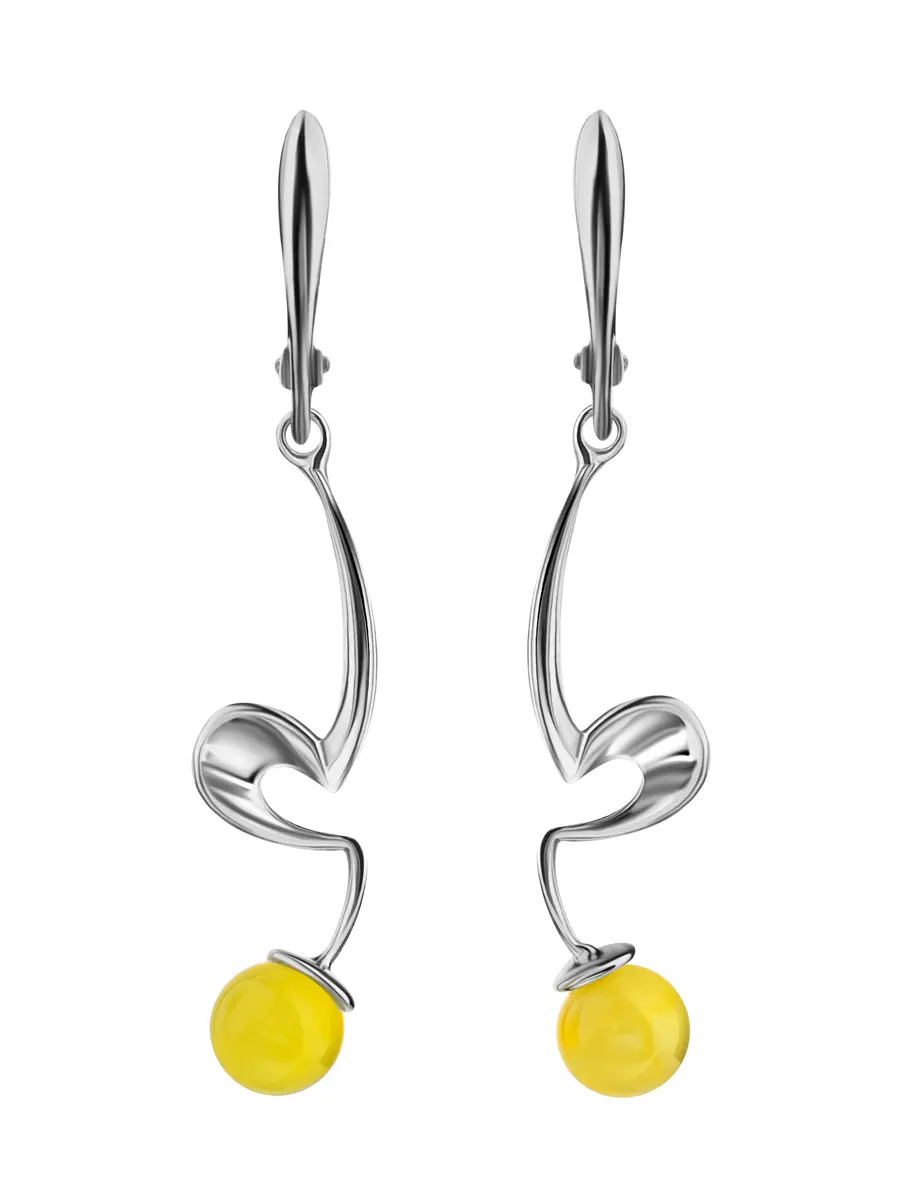 картинка Удлинённые серьги из серебра и натурального цельного янтаря медового цвета «Лея» в онлайн магазине