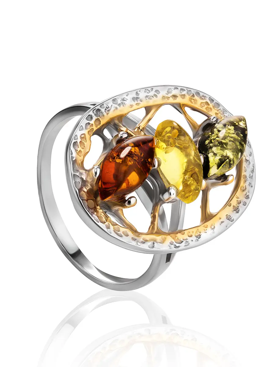 картинка Яркое нарядное кольцо «Тропиканка» с натуральным янтарём разных оттенков в онлайн магазине