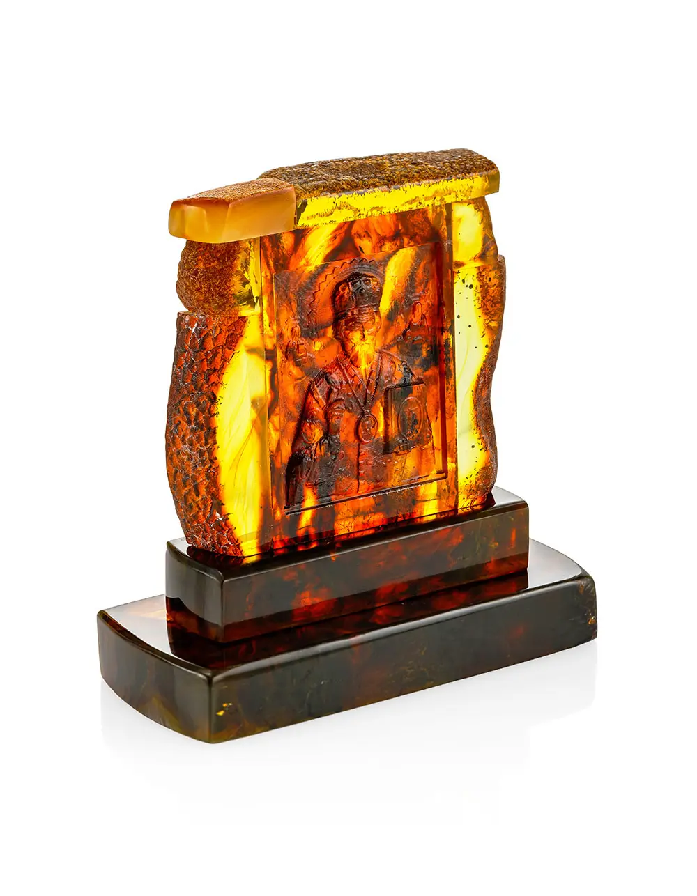 картинка Икона из натурального янтаря с резьбой «Николай Чудотворец» на подставке в онлайн магазине