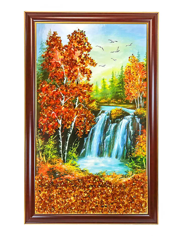 картинка Крупная вертикальная картина с натуральным янтарем «Водопады» в онлайн магазине