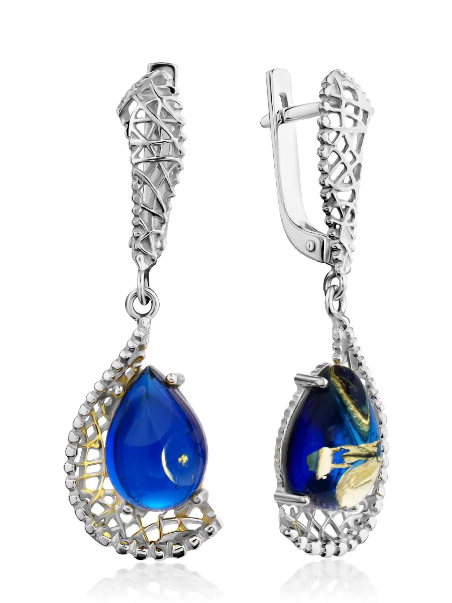картинка Ажурные серьги «Венера» с голубым янтарём в онлайн магазине