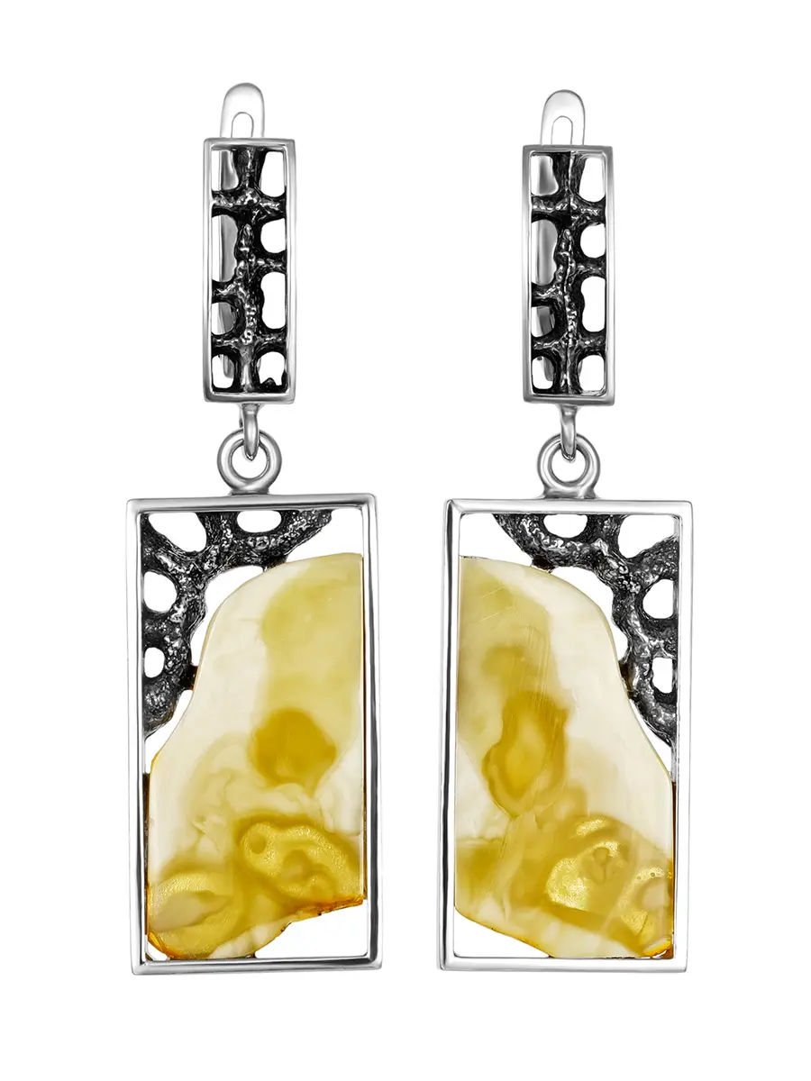 картинка Элегантные прямоугольные серебряные серьги «Модерн» со вставками текстурированного янтаря в онлайн магазине