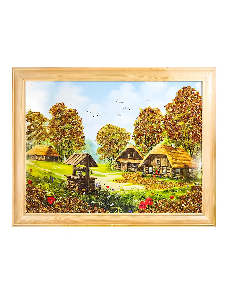 картинка Горизонтальная картина, украшенная россыпью натурального балтийского янтаря «Дворик с колодцем» 35 (В) х 45 (Ш) в онлайн магазине