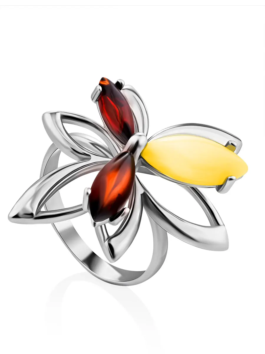 картинка Нарядное кольцо с натуральным коньячным и медовым янтарём «Нарцисс» в онлайн магазине