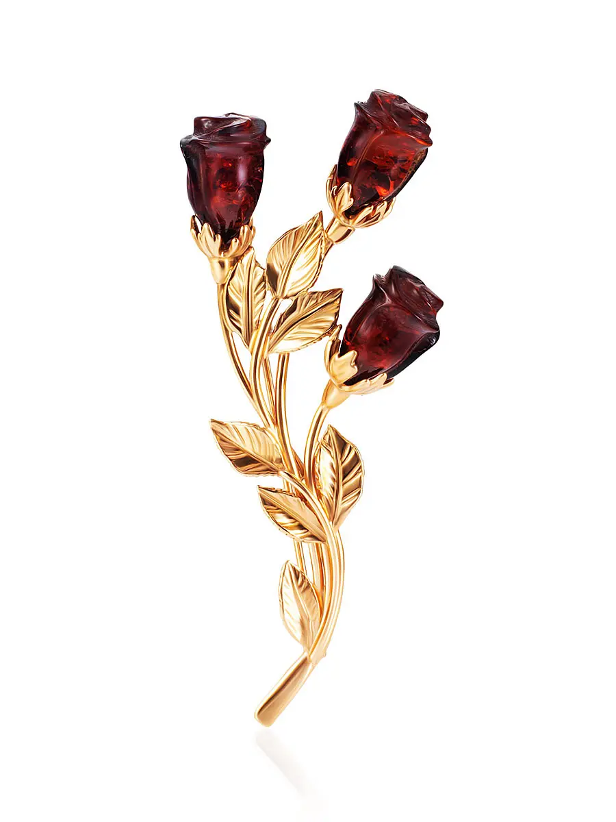 картинка Изящная позолоченная брошь «Роза» с вишнёвым янтарём в онлайн магазине