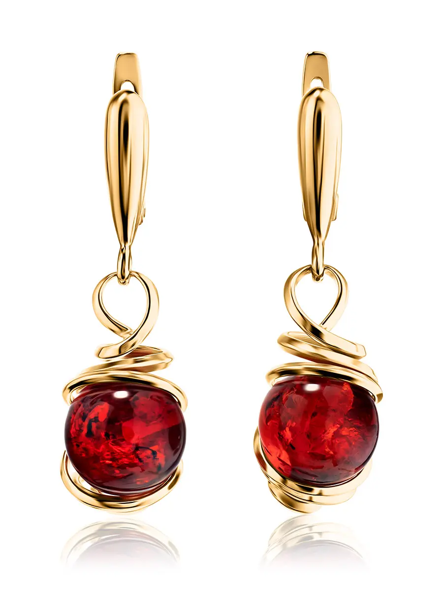 картинка Яркие позолоченные серьги с красным янтарём «Валенсия» в онлайн магазине