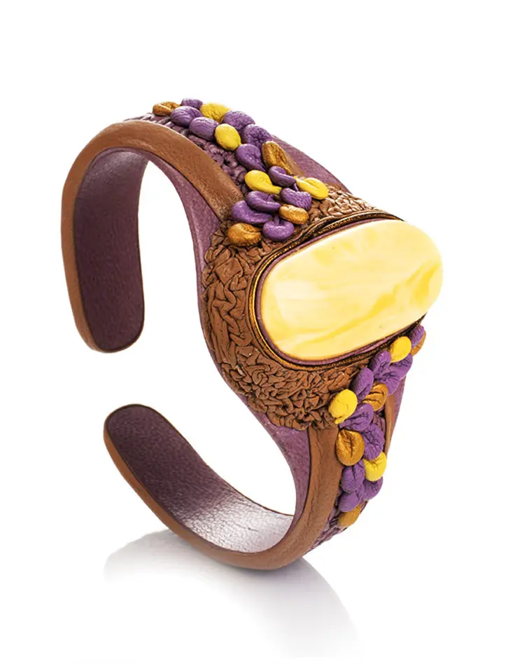 картинка Браслет из кожи с натуральным янтарём «Нефертити» в онлайн магазине