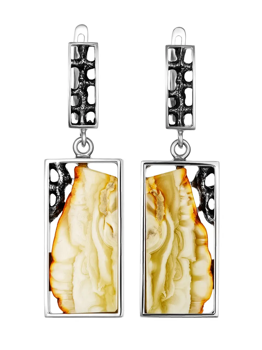 картинка Крупные прямоугольные серьги из серебра со вставками из медового янтаря «Модерн» в онлайн магазине