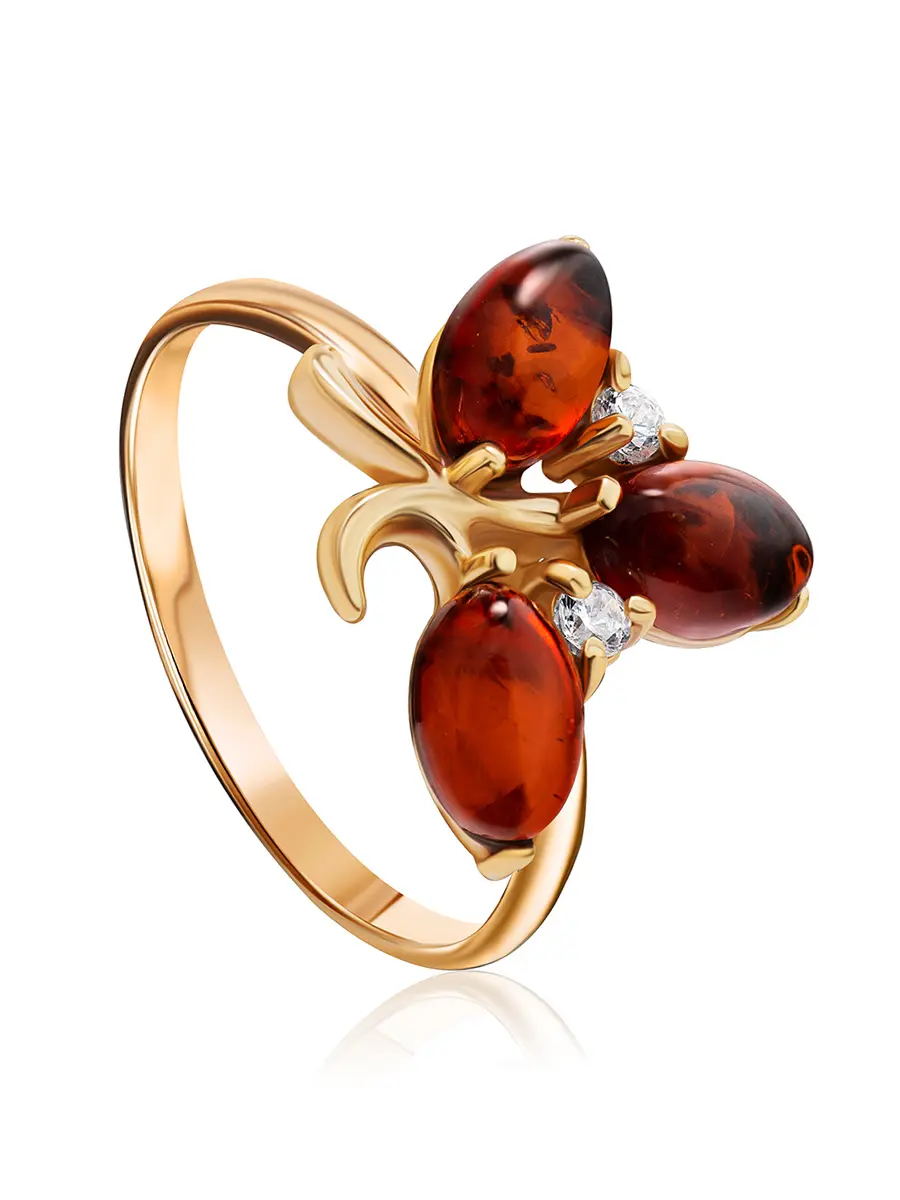 картинка Нежное кольцо с натуральным янтарём коньячного цвета в серебре с позолотой «Олеандр» в онлайн магазине