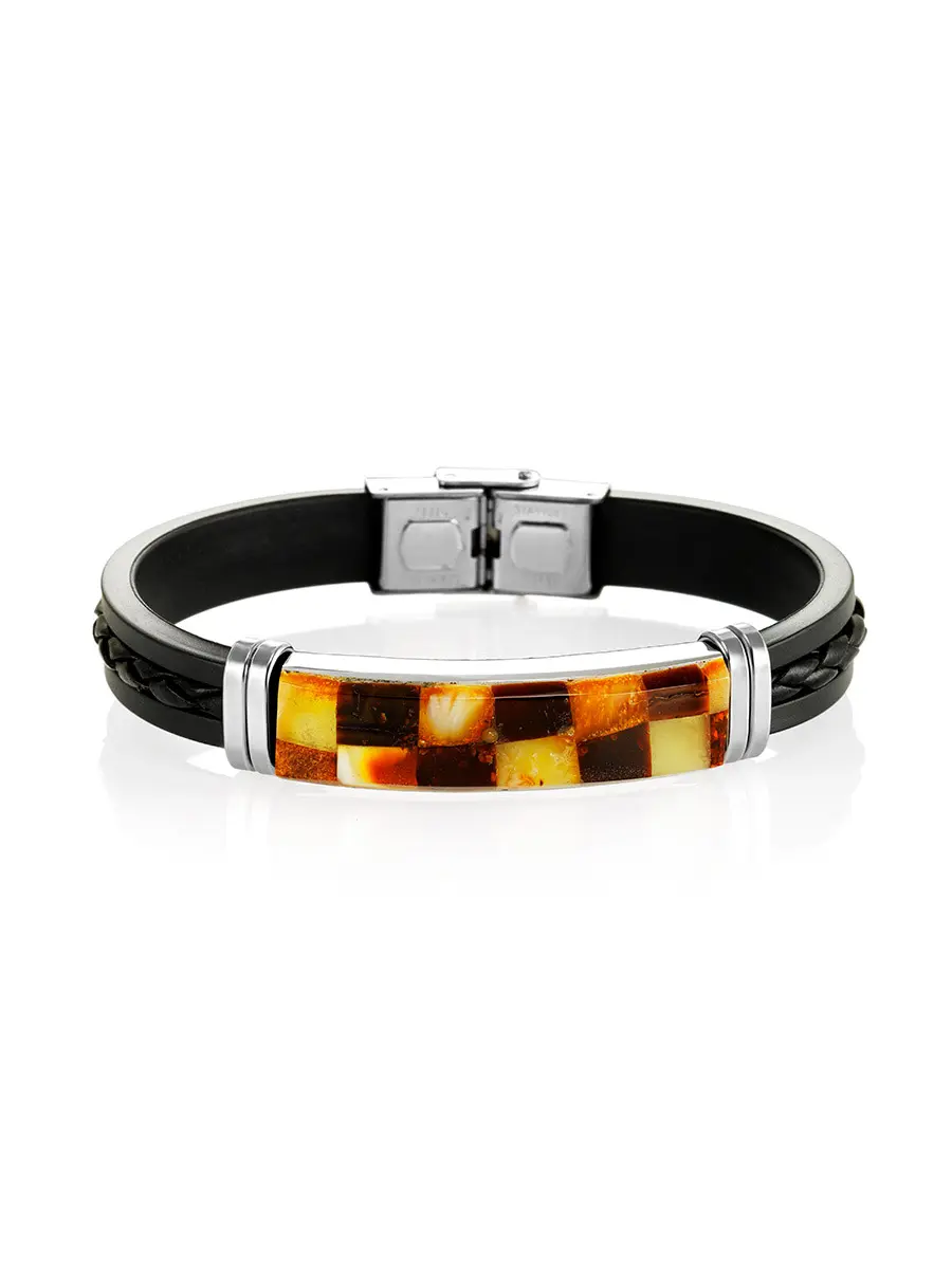 картинка Стильный браслет для мужчин на каучуковой основе, украшенный янтарной мозаикой «Сильверстоун» в онлайн магазине