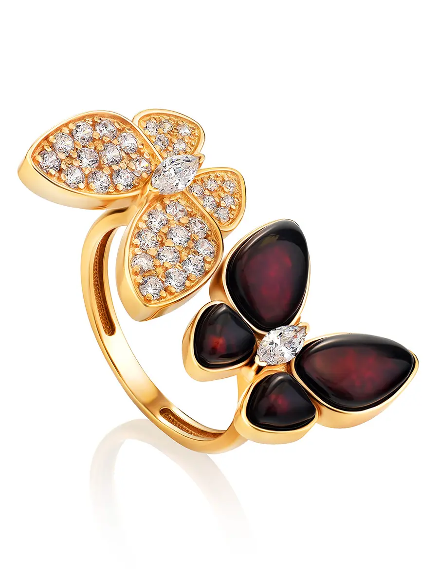 картинка Роскошное кольцо из натурального янтаря с фианитами «Апрель» в онлайн магазине