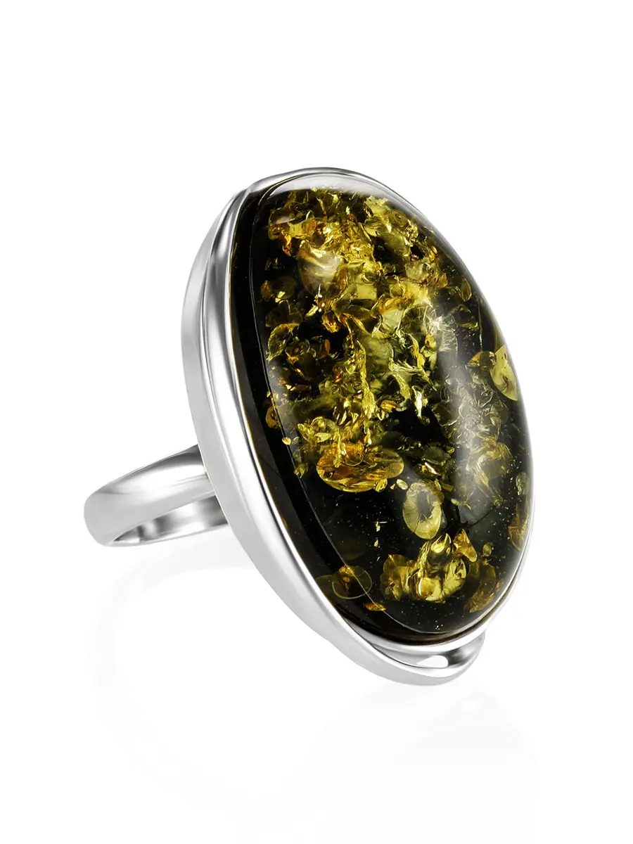 картинка Эффектное серебряное кольцо с натуральным зелёным искрящимся янтарем «Лагуна» в онлайн магазине