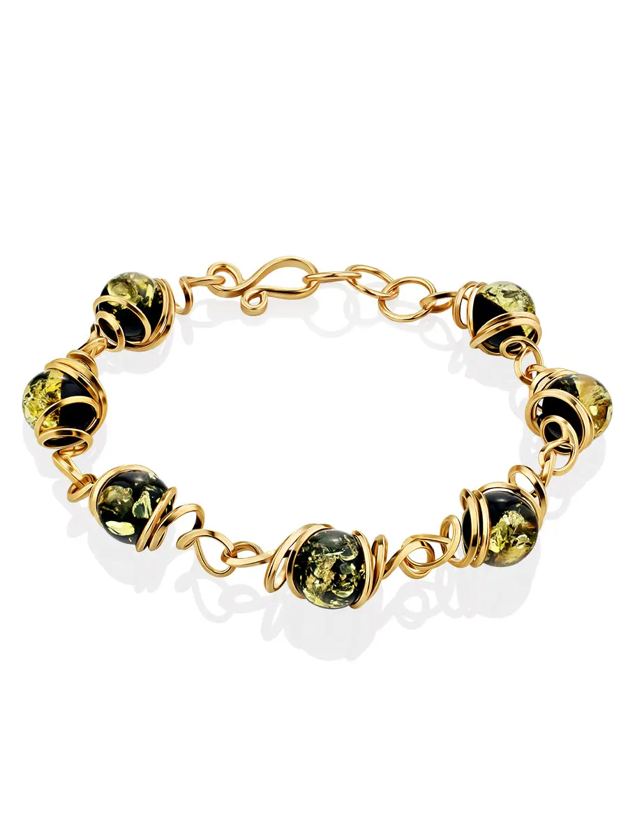 картинка Красивый эффектный браслет «Валенсия» из позолоченного серебра и зелёного янтаря в онлайн магазине