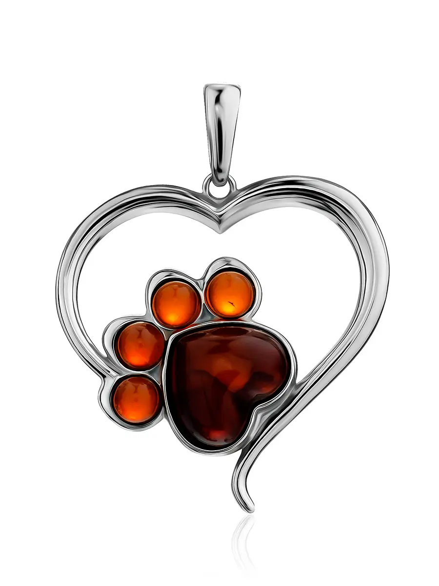 картинка Нежная подвеска-сердце с вишнёвым янтарём «Лапки» в онлайн магазине