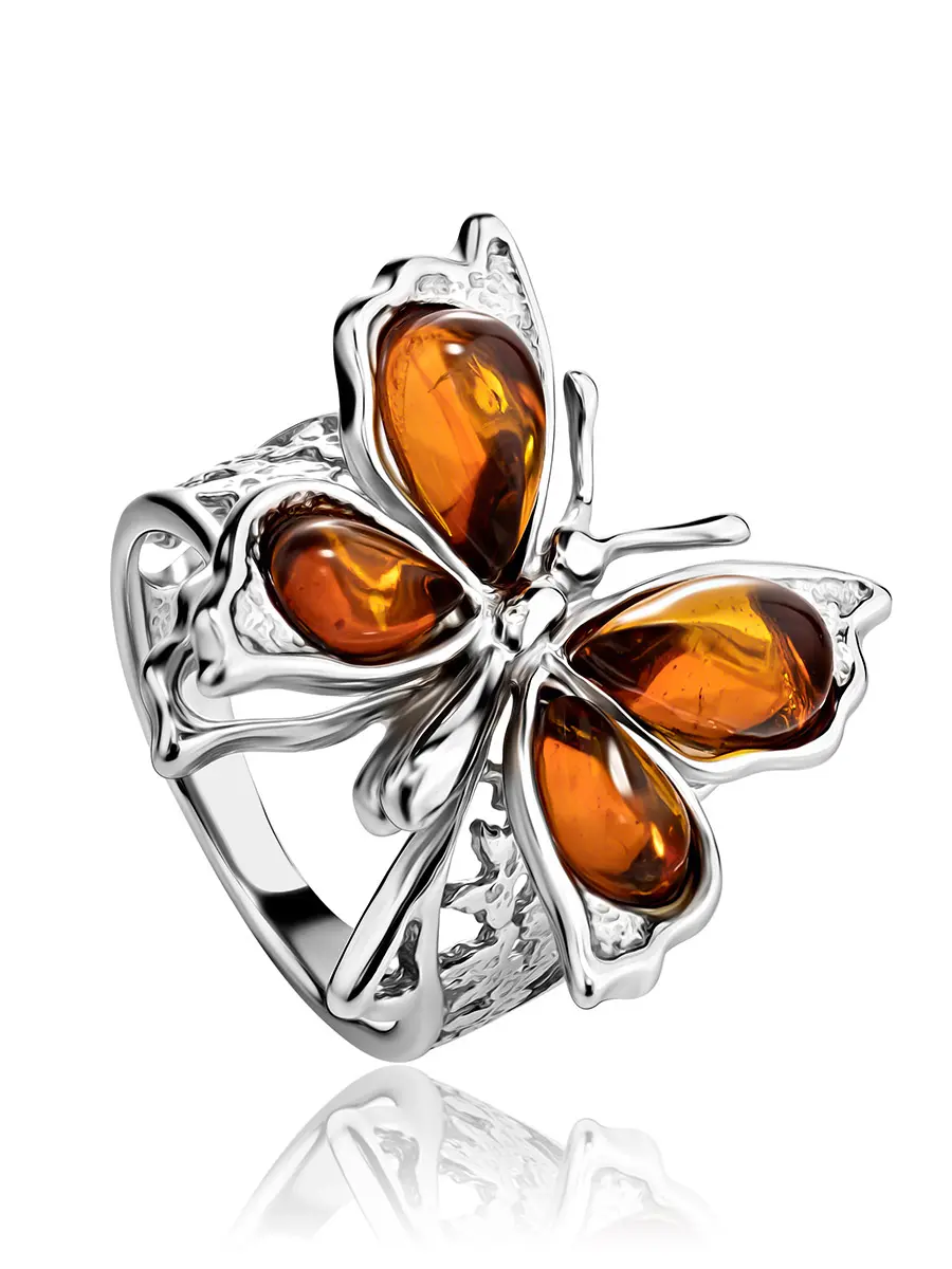 картинка Нарядное ажурное кольцо с натуральным коньячным янтарём «Апрель» в онлайн магазине