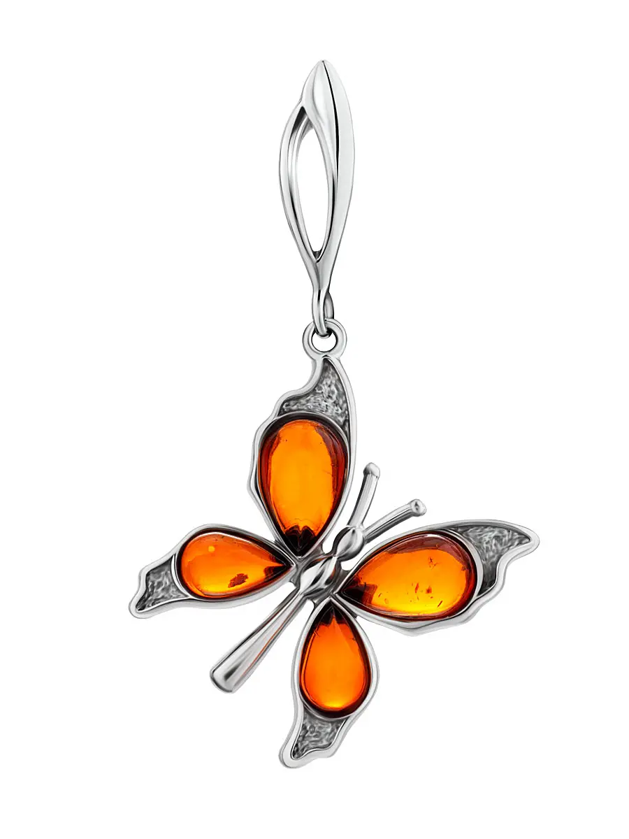 картинка Яркая подвеска в форме бабочки с натуральным вишнёвым янтарём «Апрель» в онлайн магазине
