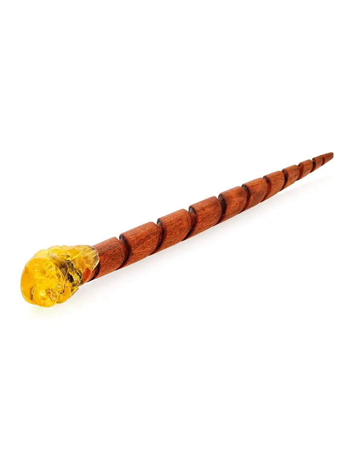 картинка Китайская шпилька для волос из древесины ореха и натурального балтийского янтаря «Сова» в онлайн магазине