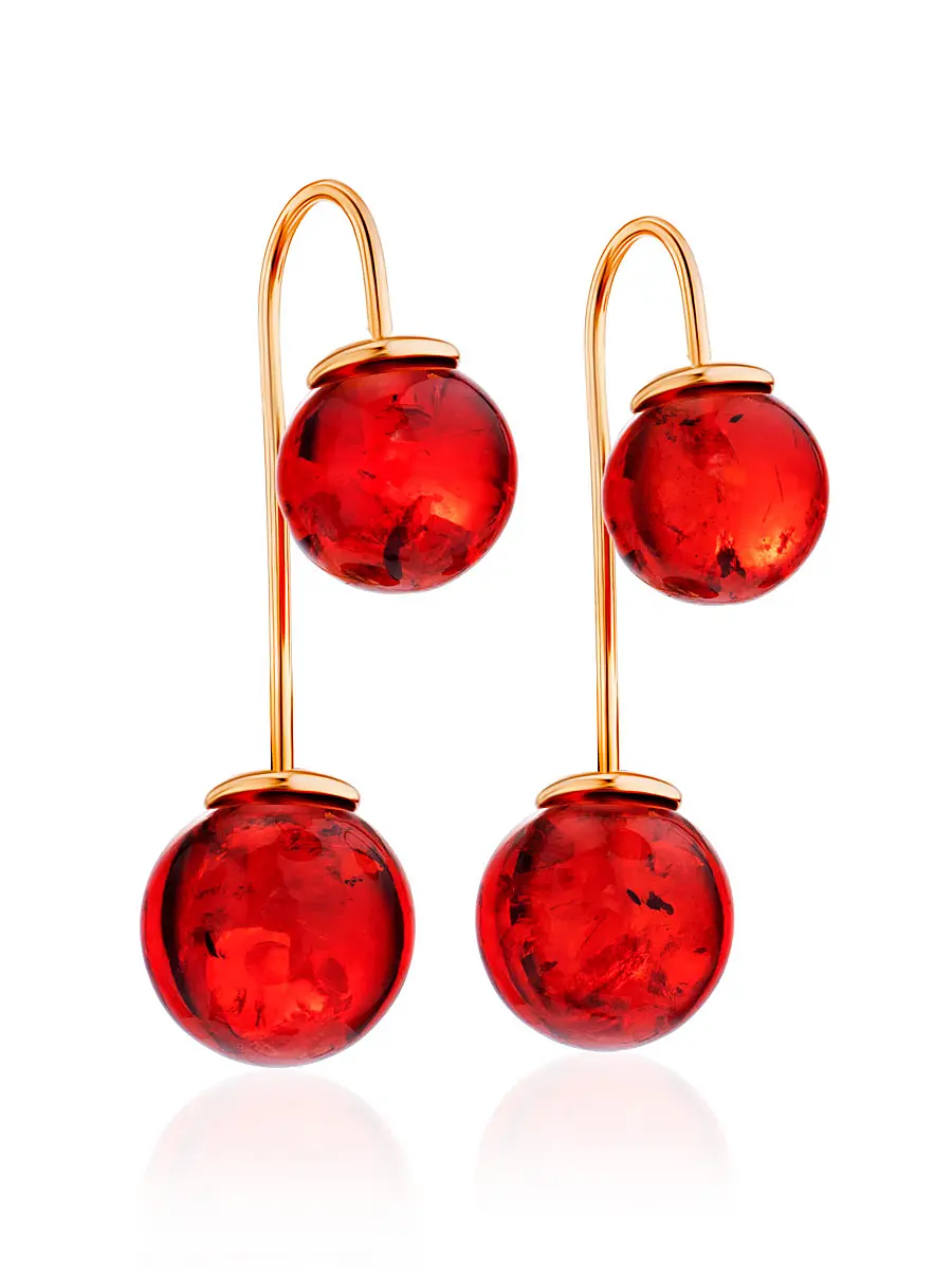 картинка Серьги «Пигаль» из позолоченного серебра с янтарём красного цвета в онлайн магазине