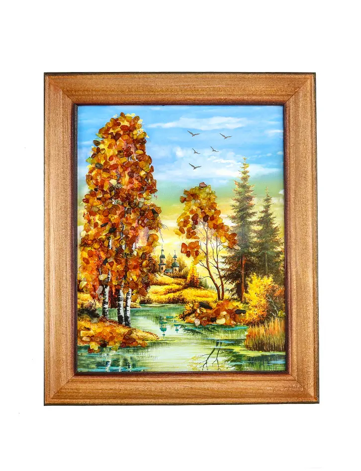 картинка Небольшая вертикальная картина с натуральным янтарем «Пейзаж» в онлайн магазине