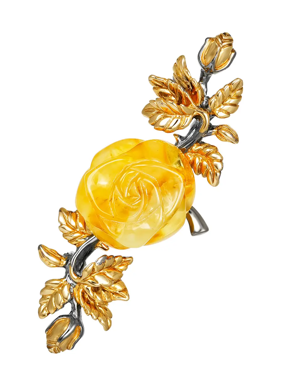 картинка Эффектная брошь с натуральным медовым янтарём «Роза» в онлайн магазине