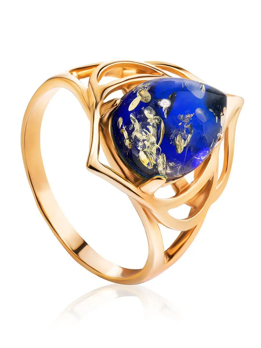 картинка Кольцо в восточном дизайне «Анбарин» из позолоченного серебра с голубым янтарём в онлайн магазине