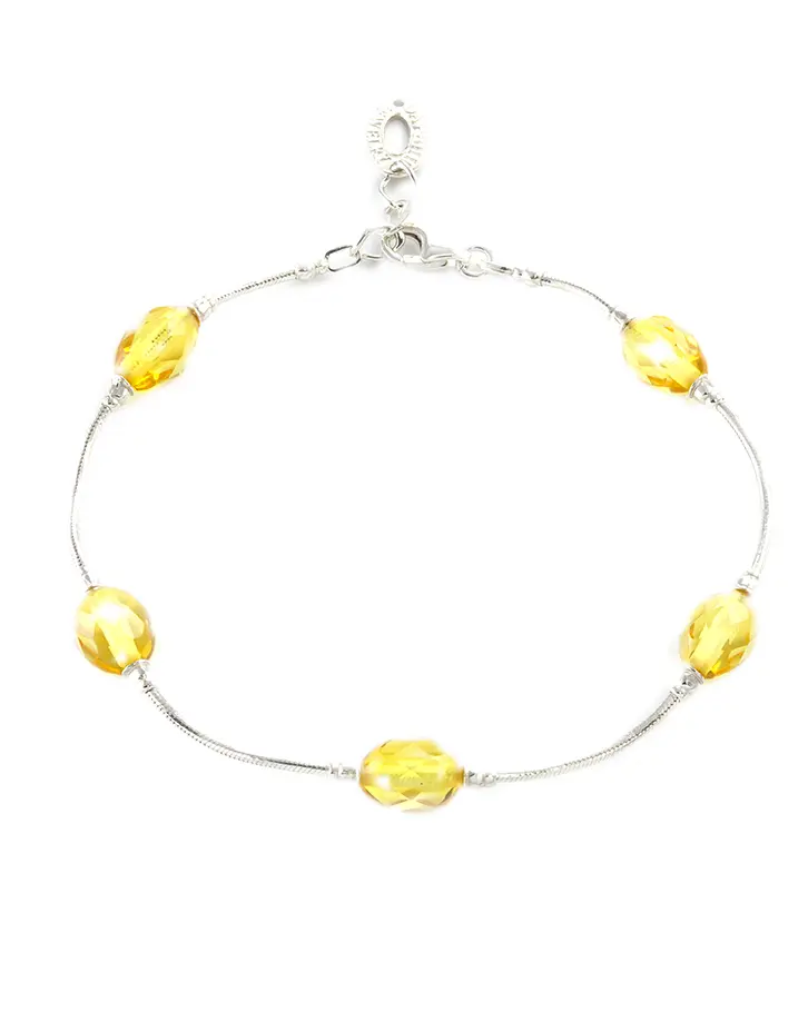 картинка Роскошный серебряный браслет с шариками проставками из натурального лимонного янтаря «Олимпия алмазная» в онлайн магазине
