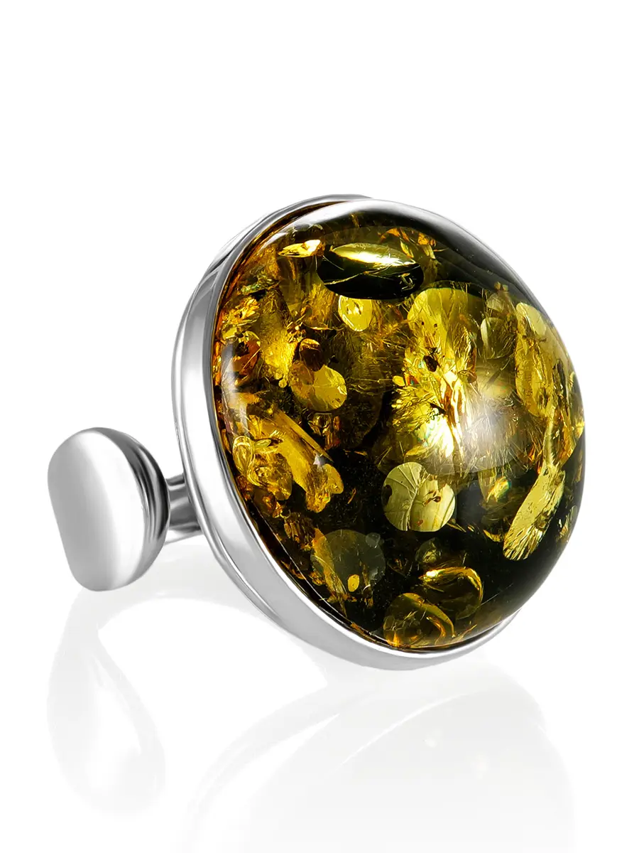 картинка Серебряное кольцо «Глянец» с натуральным крупным зелёным янтарём в онлайн магазине