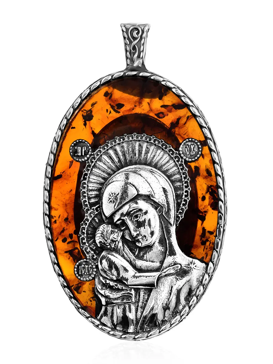 картинка «Богоматерь Игоревская». Подвеска-образок из полупрозрачного янтаря коньячного цвета в онлайн магазине