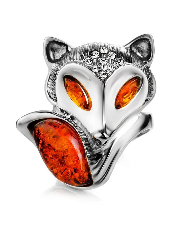 картинка Необычное кольцо «Лисичка» из серебра и натурального балтийского янтаря коньячного цвета в онлайн магазине