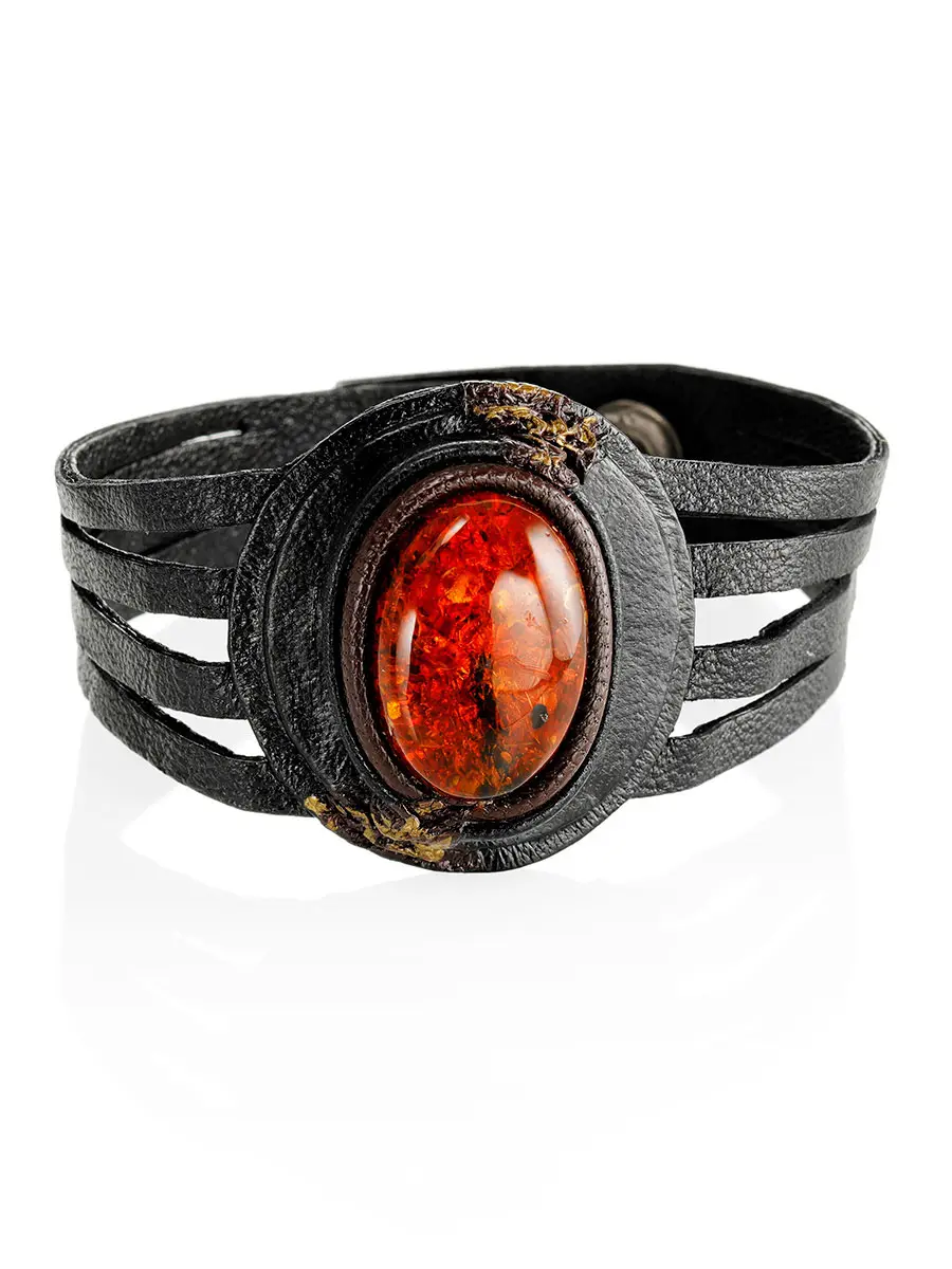 картинка Оригинальный браслет из натуральной кожи с искрящимся балтийским янтарём «Амазонка» в онлайн магазине