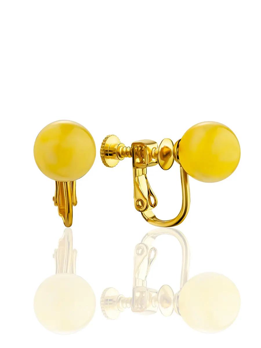 картинка Клипсы с винтовым прижимным механизмом, украшенные натуральным янтарём медового цвета в онлайн магазине