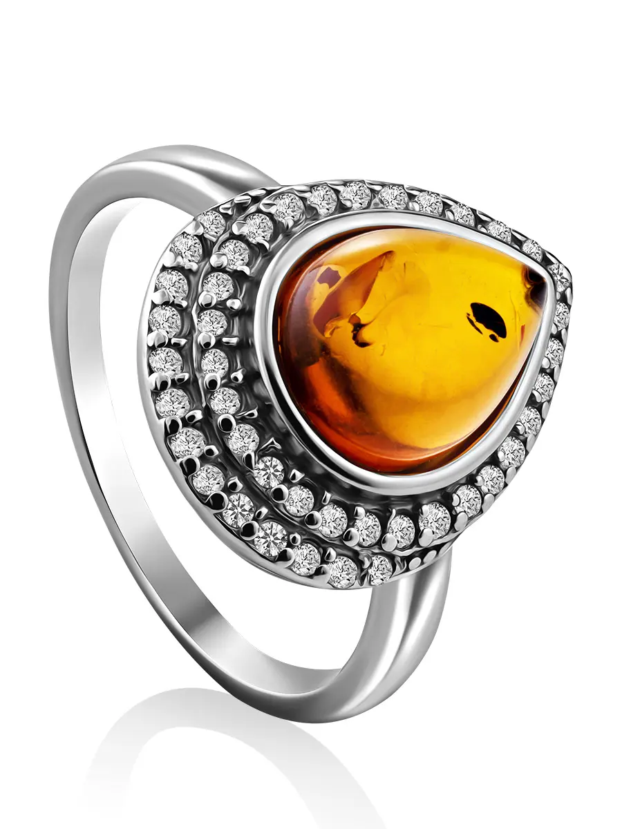 картинка Красивое женственное кольцо из серебра, украшенное янтарём и фианитами «Ренессанс» в онлайн магазине