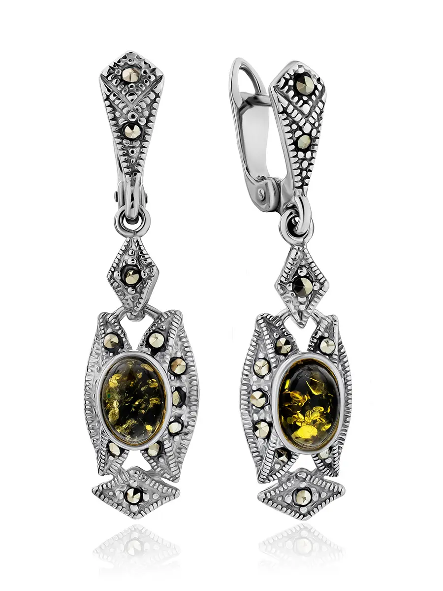 картинка Изящные серьги «Эйфория» из серебра украшенные янтарем и россыпью марказитов в онлайн магазине