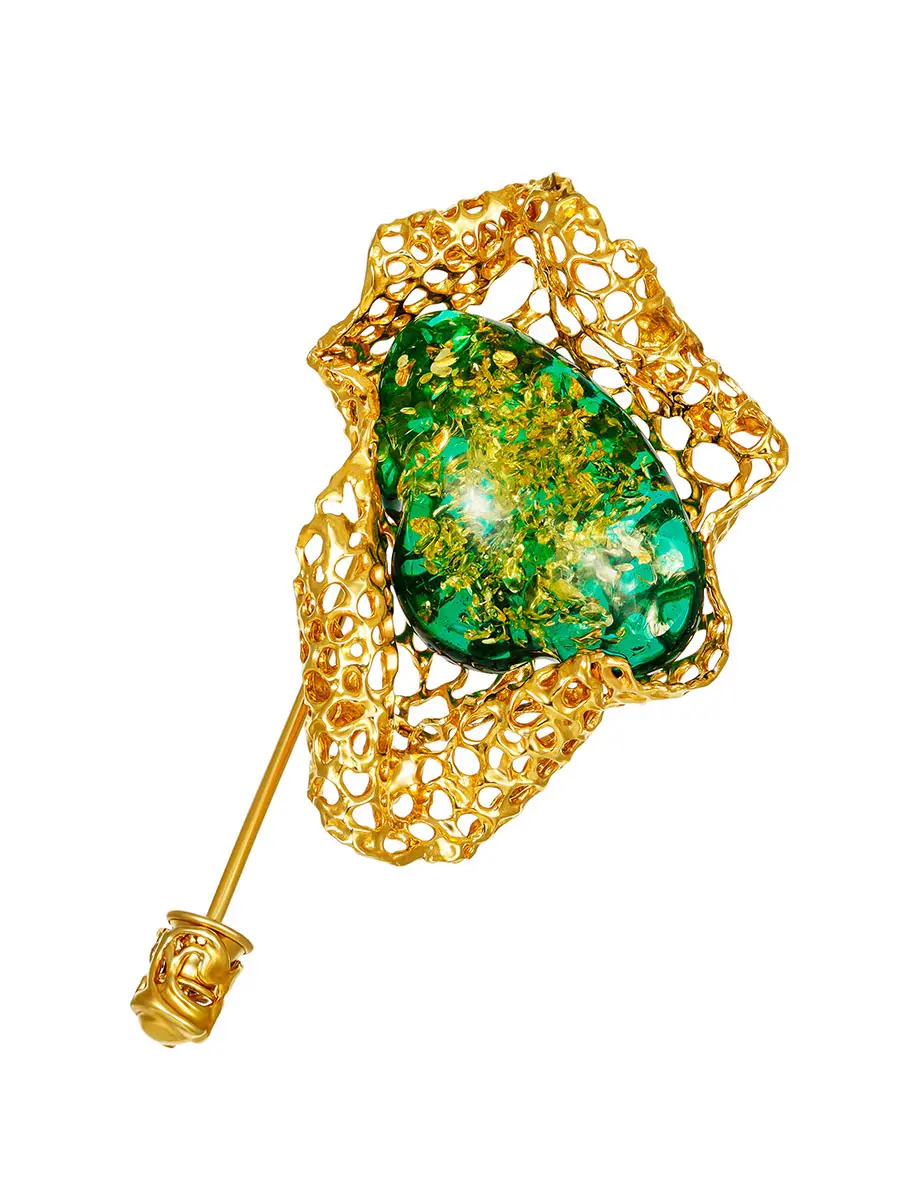 картинка Красивая ажурная брошь с натуральным янтарём изумрудного оттенка «Версаль» в онлайн магазине